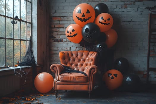 The Halloween scene with armchair, colorful balloons, decorations and old walls gives a sense of fun and mystery. The contrast between the colorful balloons and the old and charming charm of the wall.