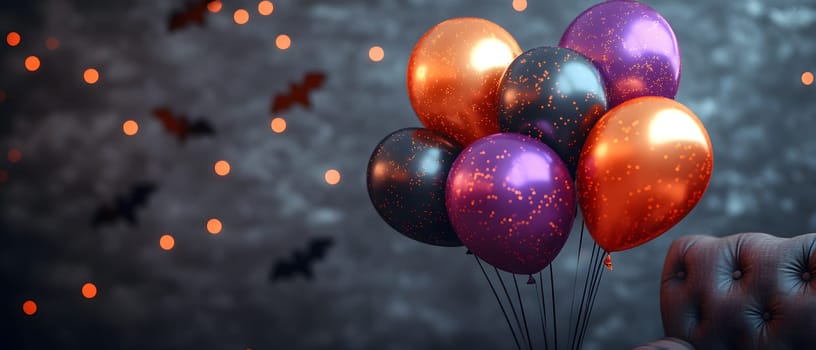 The Halloween scene with armchair, colorful balloons, decorations and old walls gives a sense of fun and mystery. The contrast between the colorful balloons and the old and charming charm of the wall.