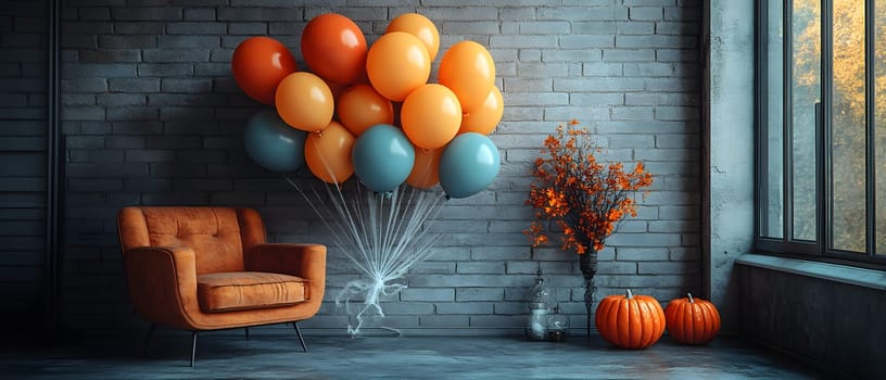 The Halloween scene with armchair, colorful balloons, decorations and old walls gives a sense of fun and mystery. The contrast between the colorful balloons and the old and charming charm of the wall.