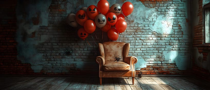 The Halloween scene with armchair, colorful balloons, decorations and old walls gives a sense of fun and mystery. The contrast between the colorful balloons and the old and charming charm of the wall.