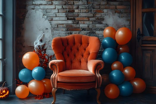 The Halloween scene with armchair, colorful balloons, decorations and old walls gives a sense of fun and mystery. The contrast between the colorful balloons and the old and charming charm of the wall.