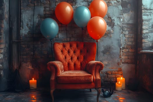 The Halloween scene with armchair, colorful balloons, decorations and old walls gives a sense of fun and mystery. The contrast between the colorful balloons and the old and charming charm of the wall.
