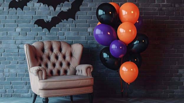 The Halloween scene with armchair, colorful balloons, decorations and old walls gives a sense of fun and mystery. The contrast between the colorful balloons and the old and charming charm of the wall.