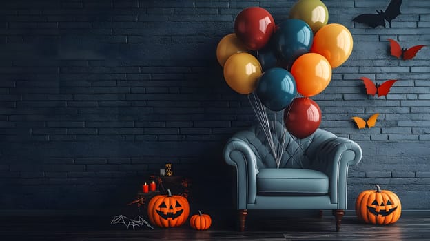 The Halloween scene with armchair, colorful balloons, decorations and old walls gives a sense of fun and mystery. The contrast between the colorful balloons and the old and charming charm of the wall.