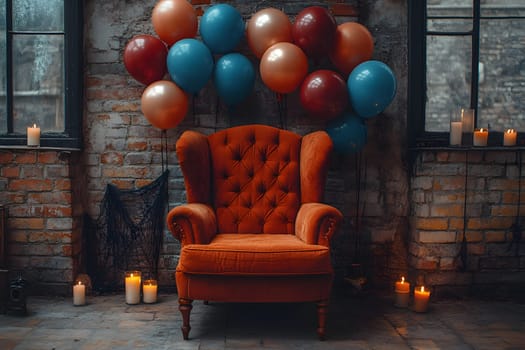 The Halloween scene with armchair, colorful balloons, decorations and old walls gives a sense of fun and mystery. The contrast between the colorful balloons and the old and charming charm of the wall.
