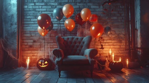 The Halloween scene with armchair, colorful balloons, decorations and old walls gives a sense of fun and mystery. The contrast between the colorful balloons and the old and charming charm of the wall.