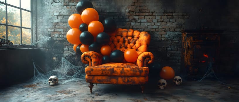 The Halloween scene with armchair, colorful balloons, decorations and old walls gives a sense of fun and mystery. The contrast between the colorful balloons and the old and charming charm of the wall.