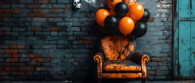 The Halloween scene with armchair, colorful balloons, decorations and old walls gives a sense of fun and mystery. The contrast between the colorful balloons and the old and charming charm of the wall.