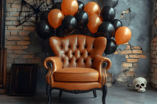 The Halloween scene with armchair, colorful balloons, decorations and old walls gives a sense of fun and mystery. The contrast between the colorful balloons and the old and charming charm of the wall.