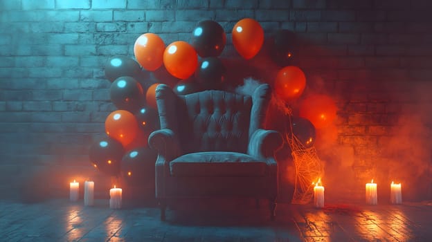 The Halloween scene with armchair, colorful balloons, decorations and old walls gives a sense of fun and mystery. The contrast between the colorful balloons and the old and charming charm of the wall.
