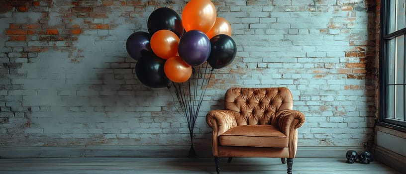The Halloween scene with armchair, colorful balloons, decorations and old walls gives a sense of fun and mystery. The contrast between the colorful balloons and the old and charming charm of the wall.