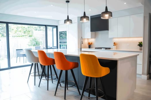 Modern white kitchen with island featuring vibrant orange and yellow bar stools.