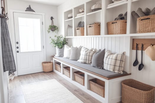 Spacious mudroom with built-in bench, open shelving, and storage baskets, featuring natural light and rustic decor elements.
