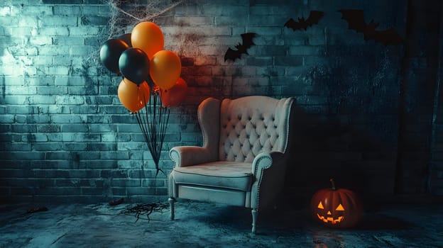 The Halloween scene with armchair, colorful balloons, decorations and old walls gives a sense of fun and mystery. The contrast between the colorful balloons and the old and charming charm of the wall.