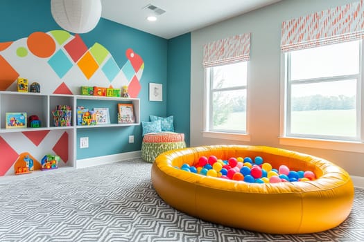 Stylish children's room with geometric wall mural, yellow ball pit, and creative storage solutions.
