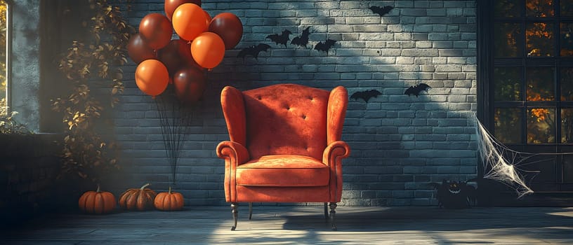 The Halloween scene with armchair, colorful balloons, decorations and old walls gives a sense of fun and mystery. The contrast between the colorful balloons and the old and charming charm of the wall.
