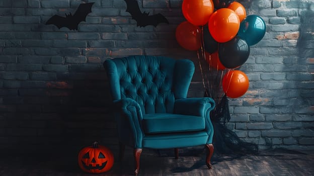 The Halloween scene with armchair, colorful balloons, decorations and old walls gives a sense of fun and mystery. The contrast between the colorful balloons and the old and charming charm of the wall.