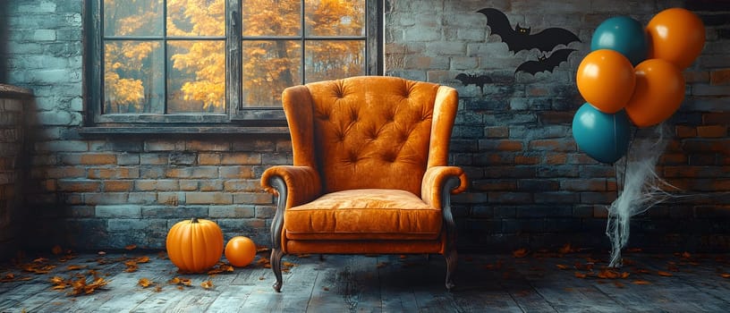 The Halloween scene with armchair, colorful balloons, decorations and old walls gives a sense of fun and mystery. The contrast between the colorful balloons and the old and charming charm of the wall.