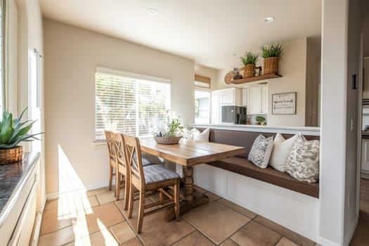 Sunny kitchen featuring a built-in dining nook with wooden table, chairs, and bench seating next to large windows.