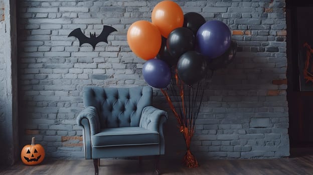 The Halloween scene with armchair, colorful balloons, decorations and old walls gives a sense of fun and mystery. The contrast between the colorful balloons and the old and charming charm of the wall.