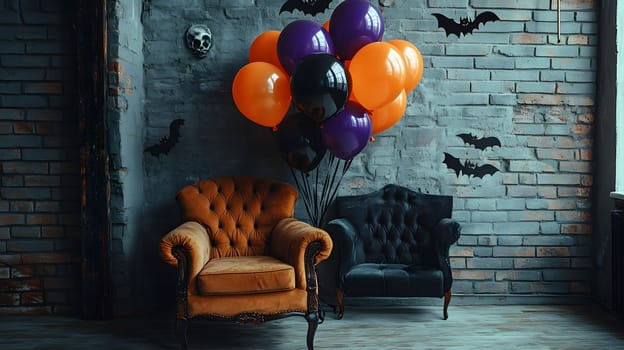 The Halloween scene with armchair, colorful balloons, decorations and old walls gives a sense of fun and mystery. The contrast between the colorful balloons and the old and charming charm of the wall.