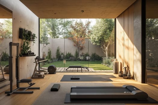 Bright home gym with sliding glass doors opening to a garden, featuring diverse exercise equipment and a blend of indoor-outdoor spaces.