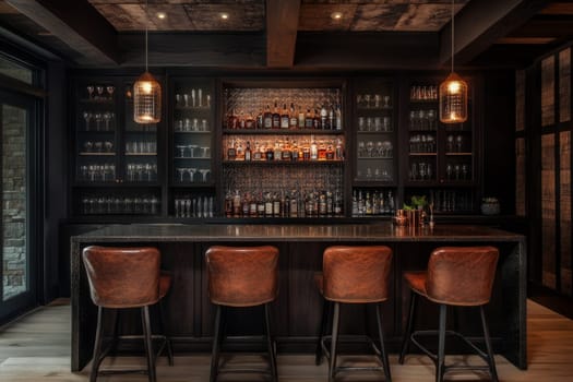 Opulent bar area with leather stools, illuminated shelves, textured metallic backsplash, and pendant lights creating a rich, inviting atmosphere.