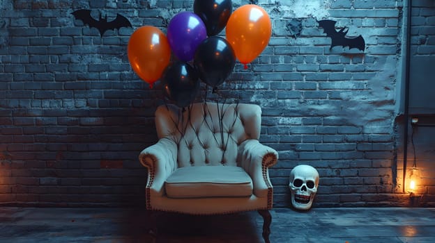 The Halloween scene with armchair, colorful balloons, decorations and old walls gives a sense of fun and mystery. The contrast between the colorful balloons and the old and charming charm of the wall.