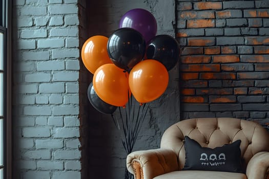 The Halloween scene with armchair, colorful balloons, decorations and old walls gives a sense of fun and mystery. The contrast between the colorful balloons and the old and charming charm of the wall.