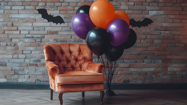 The Halloween scene with armchair, colorful balloons, decorations and old walls gives a sense of fun and mystery. The contrast between the colorful balloons and the old and charming charm of the wall.