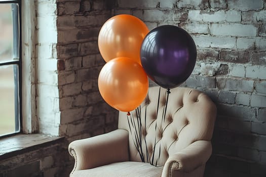 The Halloween scene with armchair, colorful balloons, decorations and old walls gives a sense of fun and mystery. The contrast between the colorful balloons and the old and charming charm of the wall.