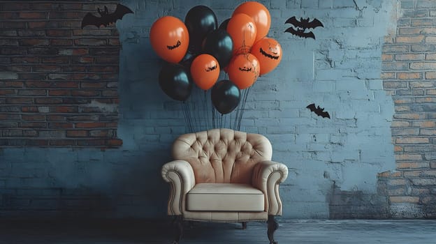 The Halloween scene with armchair, colorful balloons, decorations and old walls gives a sense of fun and mystery. The contrast between the colorful balloons and the old and charming charm of the wall.