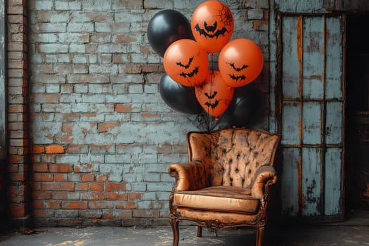 The Halloween scene with armchair, colorful balloons, decorations and old walls gives a sense of fun and mystery. The contrast between the colorful balloons and the old and charming charm of the wall.