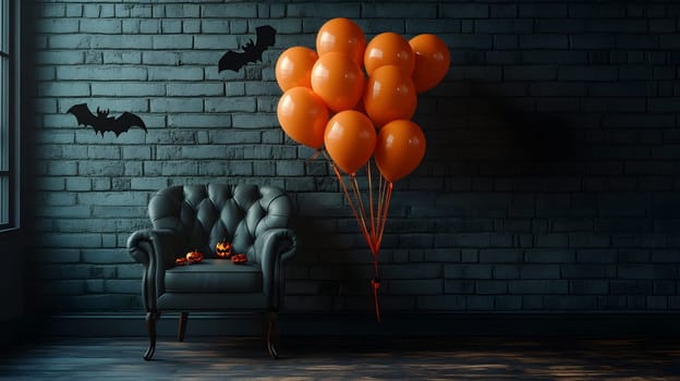 The Halloween scene with armchair, colorful balloons, decorations and old walls gives a sense of fun and mystery. The contrast between the colorful balloons and the old and charming charm of the wall.