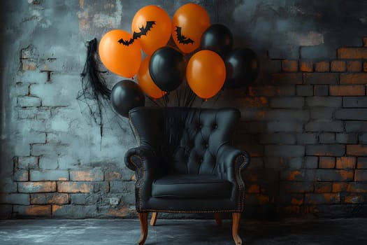 The Halloween scene with armchair, colorful balloons, decorations and old walls gives a sense of fun and mystery. The contrast between the colorful balloons and the old and charming charm of the wall.