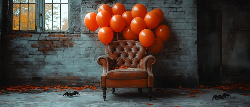 The Halloween scene with armchair, colorful balloons, decorations and old walls gives a sense of fun and mystery. The contrast between the colorful balloons and the old and charming charm of the wall.