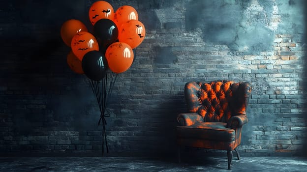 The Halloween scene with armchair, colorful balloons, decorations and old walls gives a sense of fun and mystery. The contrast between the colorful balloons and the old and charming charm of the wall.