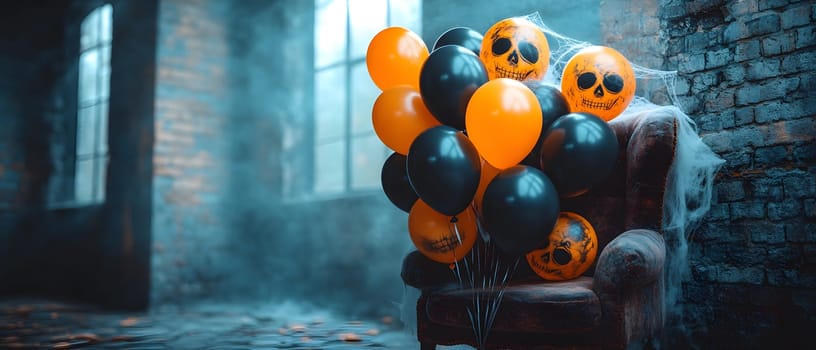 The Halloween scene with armchair, colorful balloons, decorations and old walls gives a sense of fun and mystery. The contrast between the colorful balloons and the old and charming charm of the wall.