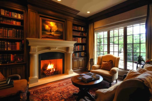 Opulent library study featuring a grand fireplace, rich wood paneling, floor-to-ceiling bookshelves, and an impressive artwork above the mantel.