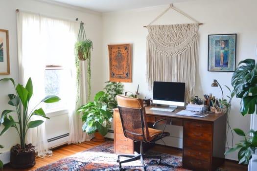Cozy bohemian home office with wooden desk, macrame wall hanging, and lush indoor plants.