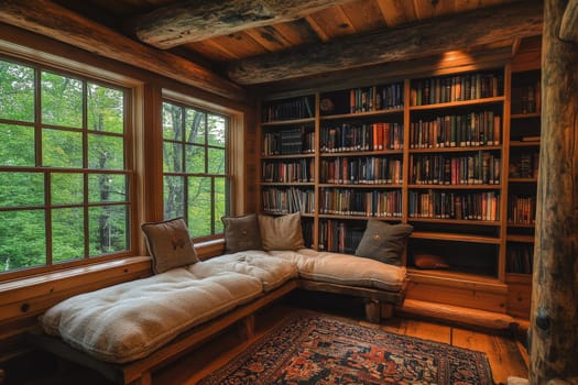 Cozy cabin library featuring wooden beams, built-in window seat, and floor-to-ceiling bookshelves with forest view.