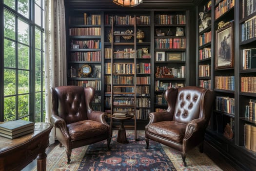 Opulent home library featuring leather armchairs, floor-to-ceiling bookshelves, antique decor, and large windows with garden views.