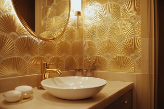 Luxurious bathroom with golden fan-patterned tiles, round mirror, and elegant sink, showcasing opulent Art Deco-inspired design.