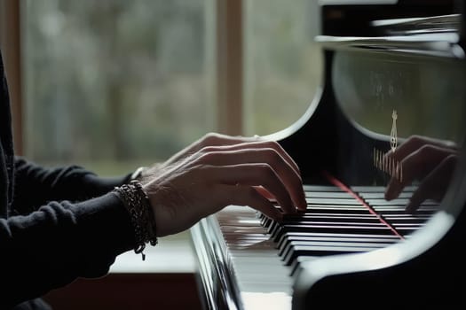 Soft sunlight streams through the window as a pianists hands gracefully dance over the keys of a shiny grand piano, creating a beautiful and harmonious melody in a quiet space.