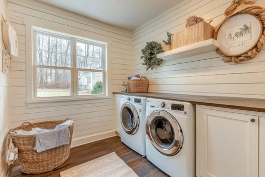 Cozy laundry room with shiplap walls, modern appliances, and rustic decor elements including wicker baskets and wooden shelves.