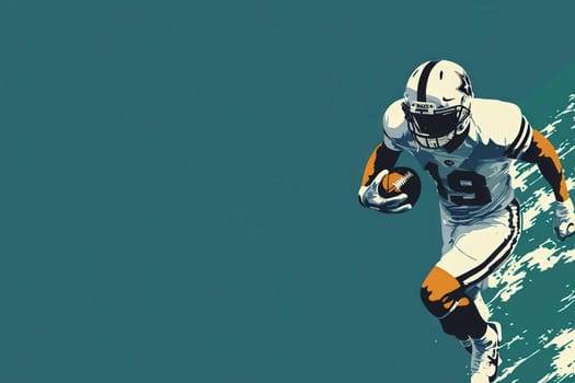 A skilled football player is depicted in full motion, carrying the ball with determination. The vibrant background enhances the intensity of the action, capturing the spirit of the game.