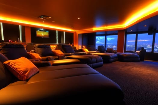 Opulent home theater with reclining seats, ambient lighting, and panoramic city views through large windows.