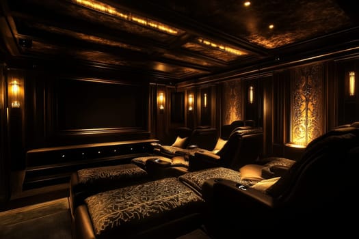 Lavish home cinema featuring ornate wall panels, golden lighting, and plush reclining seats for a royal viewing experience.