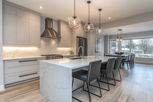 Sophisticated kitchen featuring white cabinets, marble island, globe pendant lights, and large windows with winter view.