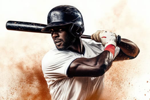 A skilled player executes a powerful swing with a baseball bat, showcasing athleticism and focus against a clean solid backdrop. The intensity captures the moments excitement and energy.